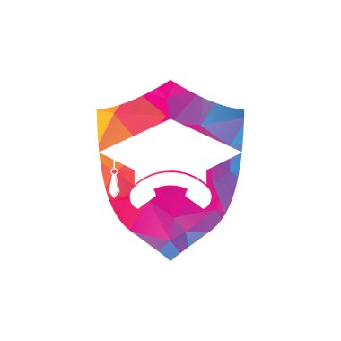 Education Call Shield konsept vektör logo tasarım şablonu. Mezuniyet başlığı ve cep telefonu simgesi simgesi