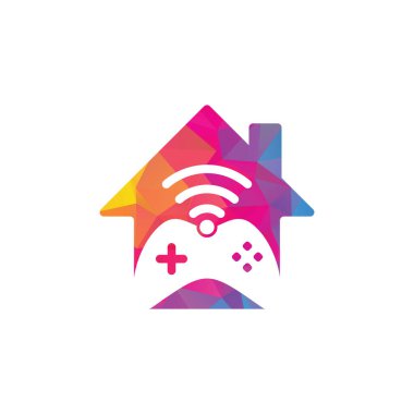 Oyun wifi ev şekilli konsept logo tasarım şablonu vektörü. joystick ve wifi logo kombinasyonu. Gamepad ve sinyal simgesi veya simgesi