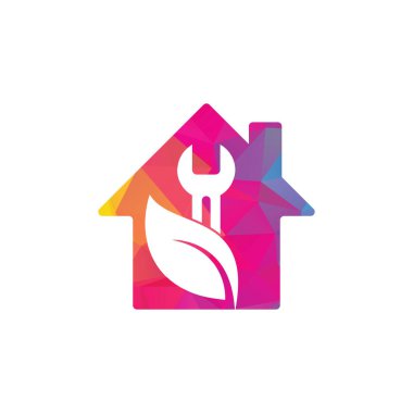 Anahtar yaprağı ev şekli vektör logo tasarım şablonu. Tamir hizmeti yaprağı doğa logosu tasarımı