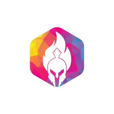 Sparta yangın logosu tasarım vektörü. Spartalı miğfer logosu yanıyor.