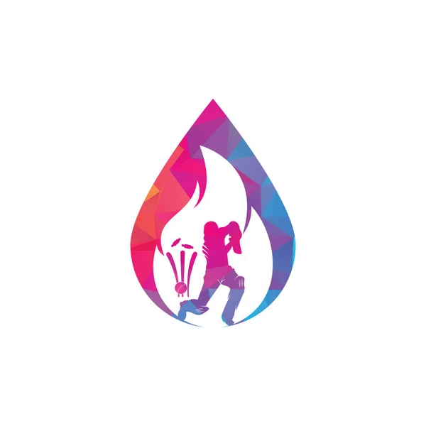 Пожежний Крикет Плеєр Векторний Дизайн Логотипу Піктограма Логотипу Краплі Вогню — стоковий вектор