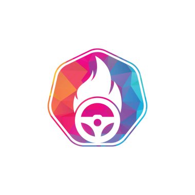 İtfaiye logosu vektör tasarım şablonu. Araba direksiyonu yanan ateş logosu vektör çizimi tasarımı.