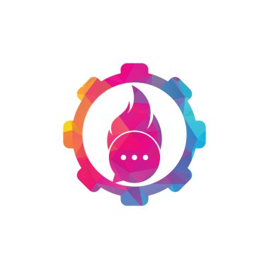 Ateş sohbet vites şekilli konsept logo şablonu taşıyıcı. Sıcak sohbet logo simgesi veya simge şablonu