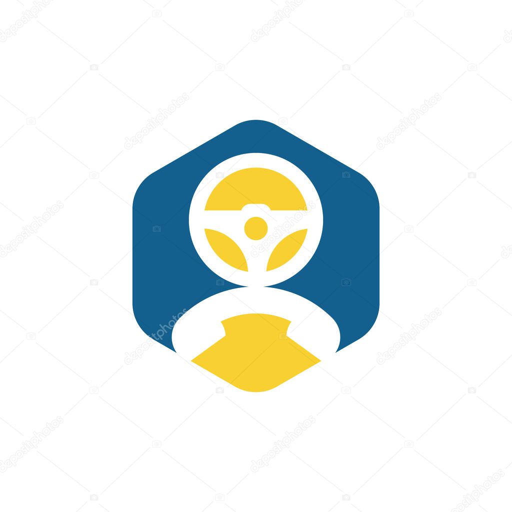 Drive call vector logo design. Steering wheel and phone symbol or icon.