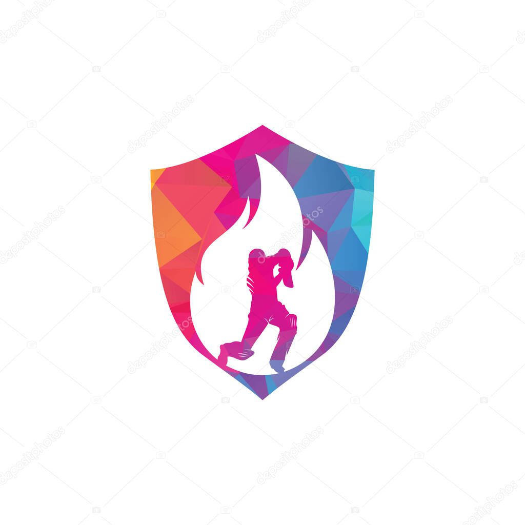 Fire cricket player vector logo design. Cricket fire gear logo icon. Batsman playing cricket and fire combination logo.