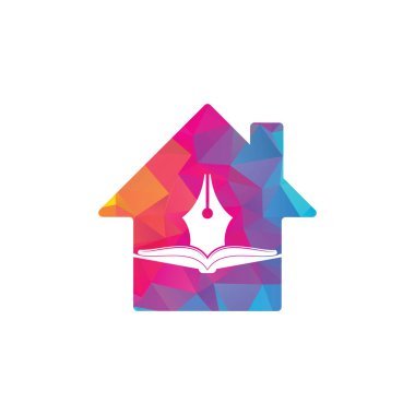 Kitap ve kalem ev şekli konsept vektör logosu tasarımı. Kitap Yazarının Logo Şablonu Tasarım Vektörü.