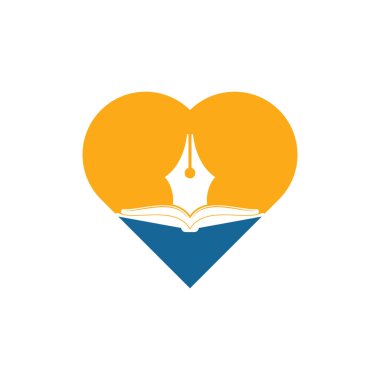 Kitap ve kalem kalp şekli konsept vektör logosu tasarımı. Kitap Yazarının Logo Şablonu Tasarım Vektörü.