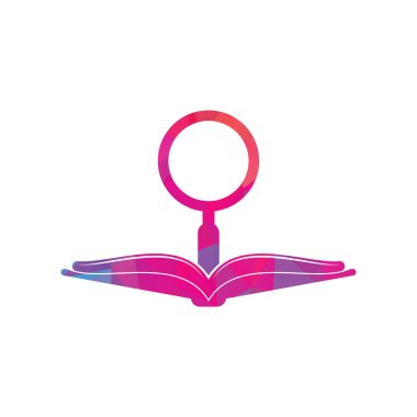 Kitap Arama dişli biçimi konsepti Logo Şablon Tasarım Vektörü. Kitap logosu tasarım şablonu bul. Büyüteç kombinasyonlu kitap simgesi
