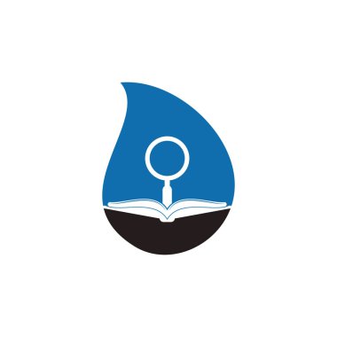 Kitap Arama damla şekil konsepti Logo Şablon Tasarım Vektörü. Kitap logosu tasarım şablonu bul. Büyüteç kombinasyonlu kitap simgesi
