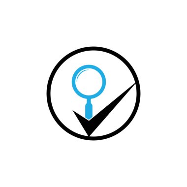 Cam logo tasarımını kontrol et ve büyüt. Büyüteç logosu işaretleme vektörü. En iyi arama logosu simgesi