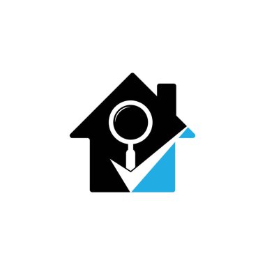 Cam ev şeklindeki logoyu kontrol et ve büyüt. Büyüteç logosu işaretleme vektörü. En iyi arama logosu simgesi