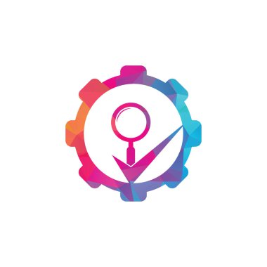 Cam dişli logo tasarımını kontrol et ve büyüt. Büyüteç logosu işaretleme vektörü. En iyi arama logosu simgesi
