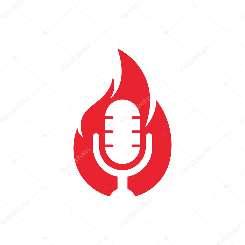 Fire Podcast logo design template. Flame fire podcast mic logo vector icon illustration.