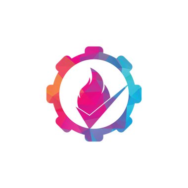 Yangın kontrol dişli şekil konsept vektör logo tasarım şablonu. Ateş ve İşaretleme simgesi tasarımı.