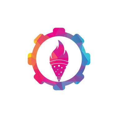Sıcak pizza dişlisi şekilli konsept logo tasarım şablonu. Hot Pizza logosu hipster eski model vektör şablonu.