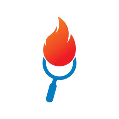 Ateş Arama Logosu Şablon Tasarım Vektörü. Ateş logosu tasarım şablonu bul. Ateş ve büyüteç simgesi