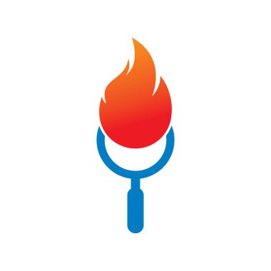 Ateş Arama Logosu Şablon Tasarım Vektörü. Ateş logosu tasarım şablonu bul. Ateş ve büyüteç simgesi