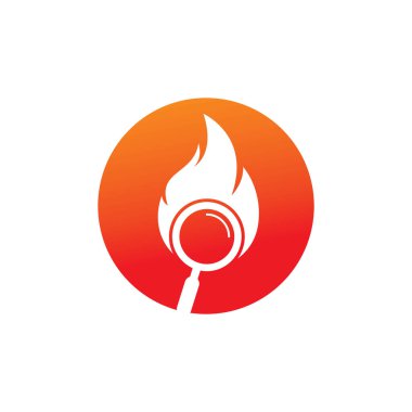 Ateş Arama Logosu Şablon Tasarım Vektörü. Ateş logosu tasarım şablonu bul. Ateş ve büyüteç simgesi