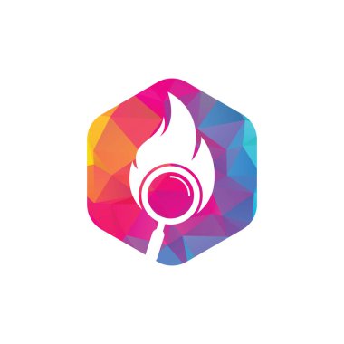 Ateş Arama Logosu Şablon Tasarım Vektörü. Ateş logosu tasarım şablonu bul. Ateş ve büyüteç simgesi