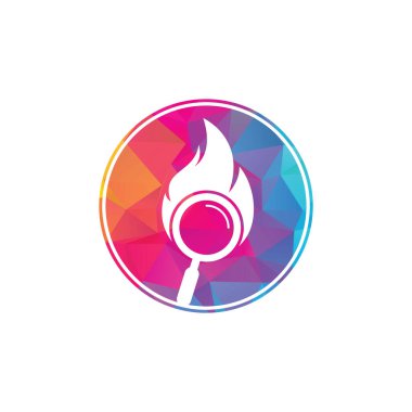 Ateş Arama Logosu Şablon Tasarım Vektörü. Ateş logosu tasarım şablonu bul. Ateş ve büyüteç simgesi