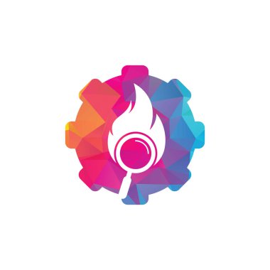 Ateş Arama teçhizatı şekilli logo şablon tasarım taşıyıcısı konsepti. Ateş logosu tasarım şablonu bul. Ateş ve büyüteç simgesi