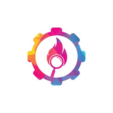 Ateş Arama teçhizatı şekilli logo şablon tasarım taşıyıcısı konsepti. Ateş logosu tasarım şablonu bul. Ateş ve büyüteç simgesi