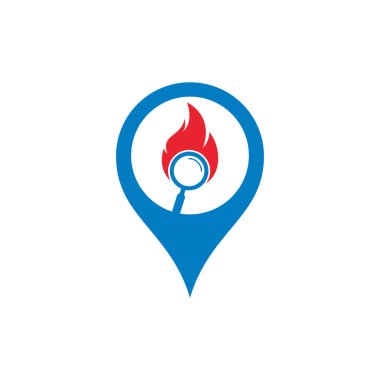 Arama haritası logo şablonu tasarım vektörünü ateşle. Ateş logosu tasarım şablonu bul. Ateş ve büyüteç simgesi