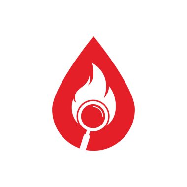 Ateş Arama damla şekil konsepti Logo Şablon Tasarım Vektörü. Ateş logosu tasarım şablonu bul. Ateş ve büyüteç simgesi