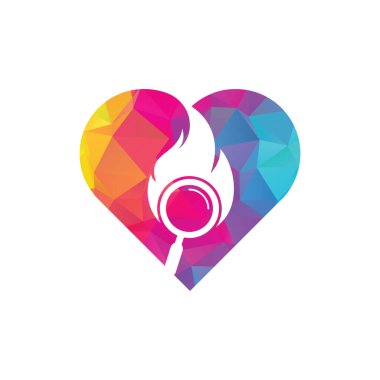 Ateş Arama kalp şekli konsepti Logo Şablon Tasarım Vektörü. Ateş logosu tasarım şablonu bul. Ateş ve büyüteç simgesi