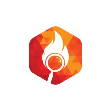 Ateş Arama Logosu Şablon Tasarım Vektörü. Ateş logosu tasarım şablonu bul. Ateş ve büyüteç simgesi