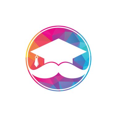 Güçlü eğitim logosu tasarım şablonu. Bıyık simgesi tasarımlı şapka mezuniyeti.