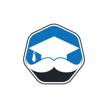 Güçlü eğitim logosu tasarım şablonu. Bıyık simgesi tasarımlı şapka mezuniyeti.