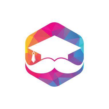 Güçlü eğitim logosu tasarım şablonu. Bıyık simgesi tasarımlı şapka mezuniyeti.