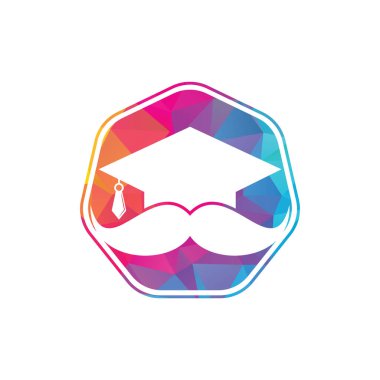 Güçlü eğitim logosu tasarım şablonu. Bıyık simgesi tasarımlı şapka mezuniyeti.