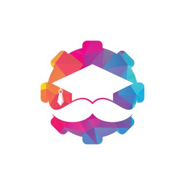 Bıyık eğitimi teçhizatı şekilli konsept logo. Güçlü eğitim logosu tasarım şablonu. Bıyık simgesi tasarımlı şapka mezuniyeti.