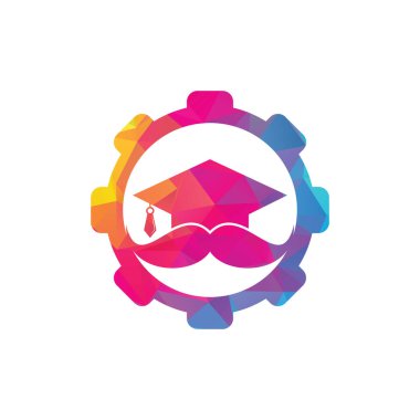 Bıyık eğitimi teçhizatı şekilli konsept logo. Güçlü eğitim logosu tasarım şablonu. Bıyık simgesi tasarımlı şapka mezuniyeti.