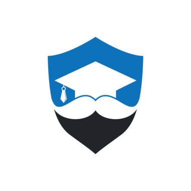 Bıyık eğitimi kalkanı şekilli konsept logosu. Güçlü eğitim logosu tasarım şablonu. Bıyık simgesi tasarımlı şapka mezuniyeti.