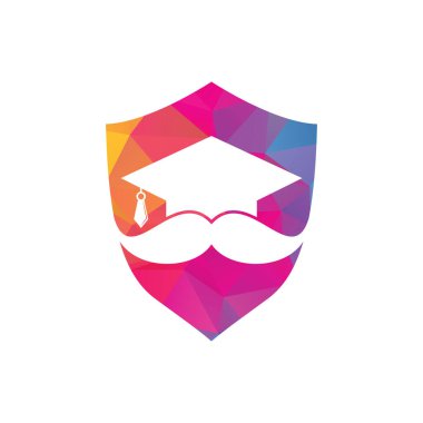 Bıyık eğitimi kalkanı şekilli konsept logosu. Güçlü eğitim logosu tasarım şablonu. Bıyık simgesi tasarımlı şapka mezuniyeti.