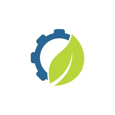 Vites yaprağı logo şablonu. Vites ve yaprak logosu kombinasyonu. Tamirci ve ekolojik sembol veya simge.