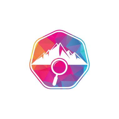 Dağ ve logo kombinasyonu. Doğa ve büyütme sembolü veya simgesi. Büyüteç ve dağ logosu tasarımı.