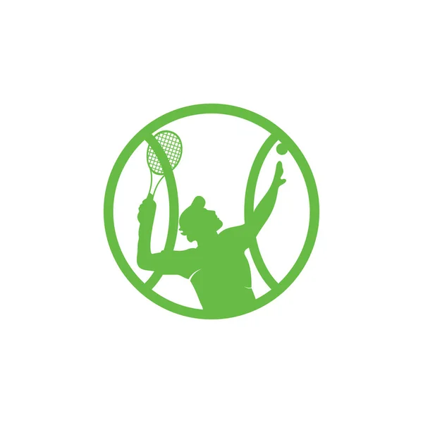 Tenis Tenis Oyuncusu Topa Tenis Raketi Logo Şablonuyla Vuruyor — Stok Vektör