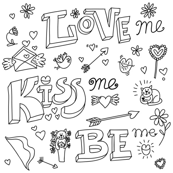 Ημέρα του Αγίου Βαλεντίνου αγάπη φιλί doodle διάνυσμα — Διανυσματικό Αρχείο