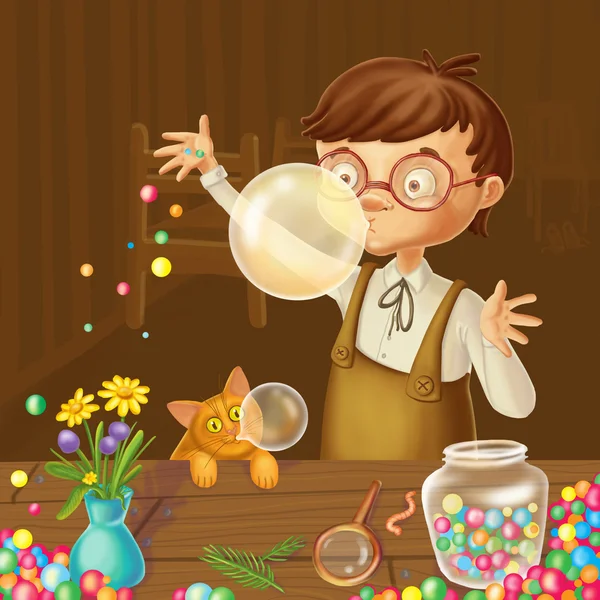 Little boy bubble gum joy art digital painting — Stock Photo, Image