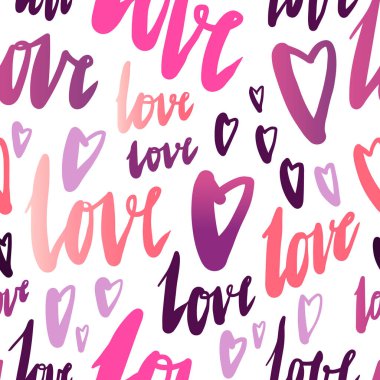 Kaligrafi, kusursuz desen. Sevgililer Günü için aşk sözcükleri ve kalplerle yazdır.