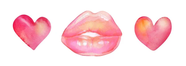 Watercolor painted lips and hearts. Aquarelle hand-drawn elements. Make up and cosmetics, Valentines Day. — Stock Photo, Image