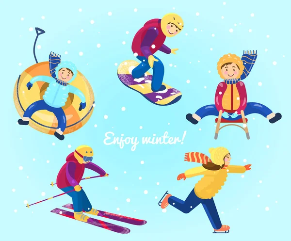 Set of kids doing different winter sports. Winter activities. Snow tubing, snowboarding, skiing, ice skating, sledding.