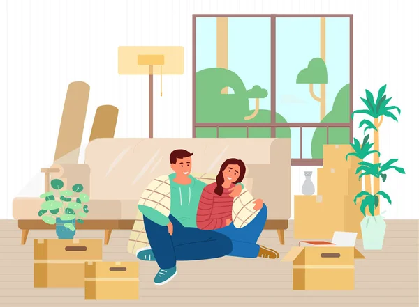 Happy Young Couple Just Moved New House Sitting Floor Unpacked Stock Illustration