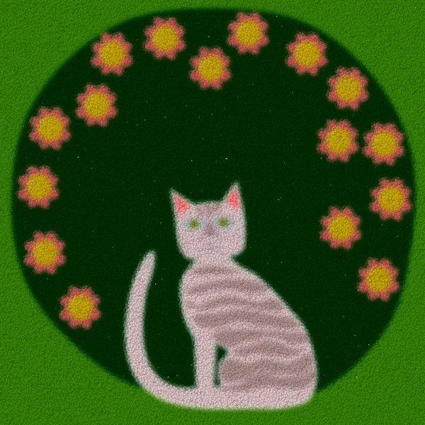 Katze sitzt auf Rasen, der aus kleinen Kugeln besteht — Stockfoto