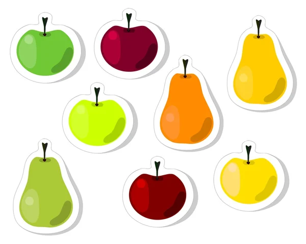 Pegatinas de fruta roja, verde, amarilla, naranja, manzana y pera — Vector de stock