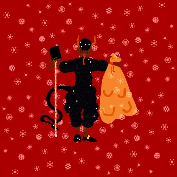 Traditionele kerst duivel figuur op rode achtergrond met sneeuwvlokken glanzende — Stockfoto